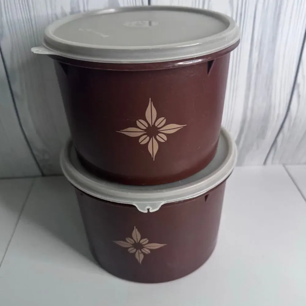 Vintage 1970s  Tupperware Canisters 265 and 264 Brown Starburst Pattern